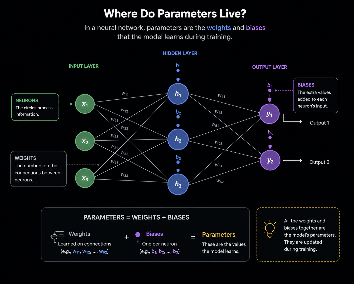Neural network diagram showing parameters as weights and biases